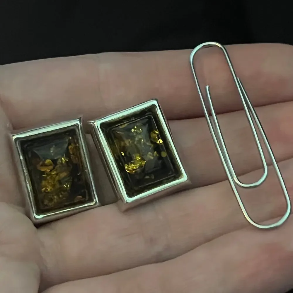 Vintage Estate Gorgeous 925 Sterling Silver Amber Stone Rectangle Clip Earrings